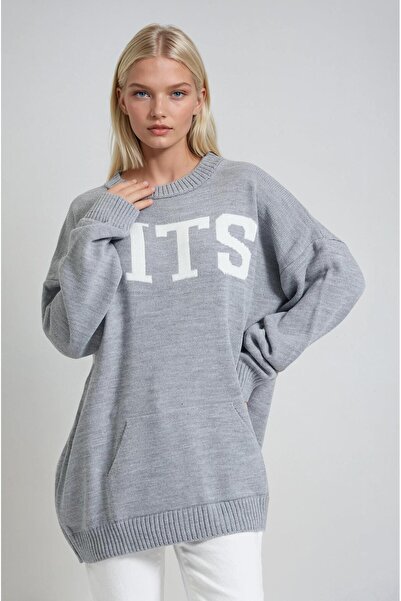 Lijuri Oversize Comfortable Fit Knit Sweater with Lettering 1418
