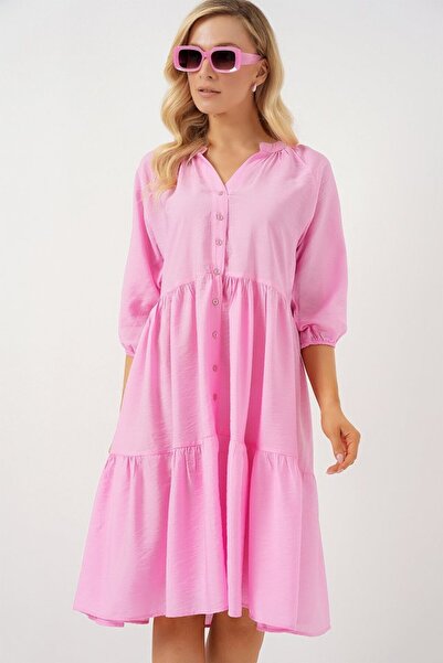 Giyimodam Button Short Sleeve Dress 2559 - Pink