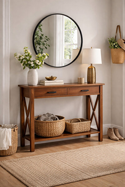 Handmade Ahşap Çift Çekmeceli Raflı Masif Rustik Dresuar