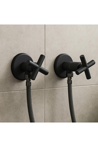 banyosepeti Cross Matte Black Double Bidet Faucet Set with Hose – Brass