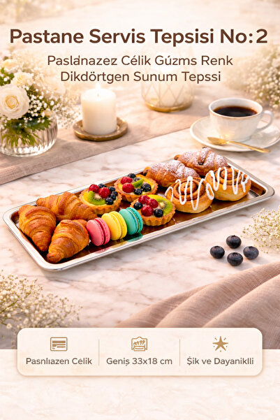 BİODATA Pastane Servis Tepsisi 33x18 Cm No:2 – Paslanmaz Çelik Gümüş Renk Dik...