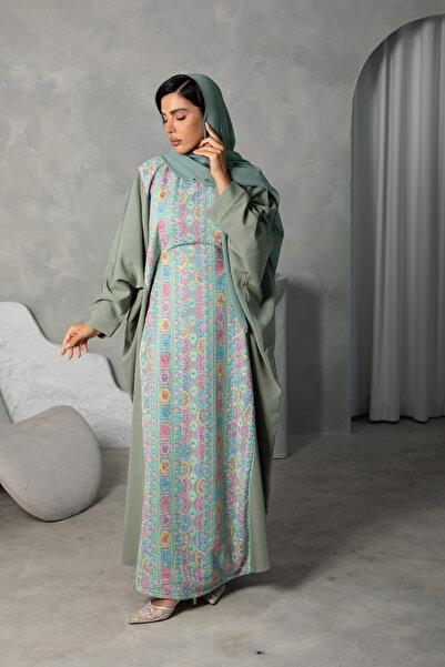 lune Green detailed jalabiya. with green base.maxi wear. high neck