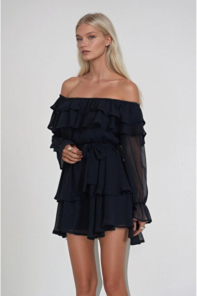 Lijuri Off-Shoulder Belted Ruffle Chiffon Mini Dress 2023