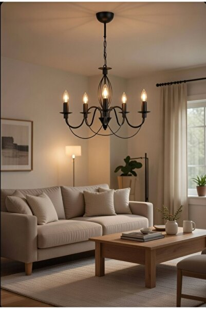 Aydınlatma Dünyam Modern Çakra 5li Siyah E14 Duy Avize, Salon, oturmaodası, M...