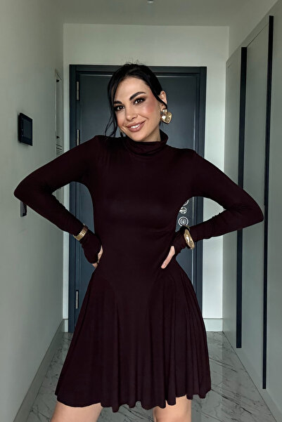 Seda Yalçın Atelier Uzun Kollu Eteği Volanlı Kahverengi Mini Elbise