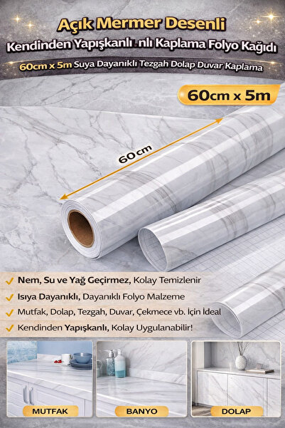 Hane Dostu 5 Metre Açık Mermer Desenli Yapışkanlı Kaplama Folyo Kağıdı Tezgah...