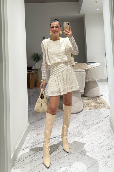 Seda Yalçın Atelier Ekru Güpürli Midi Tasarım Elbise