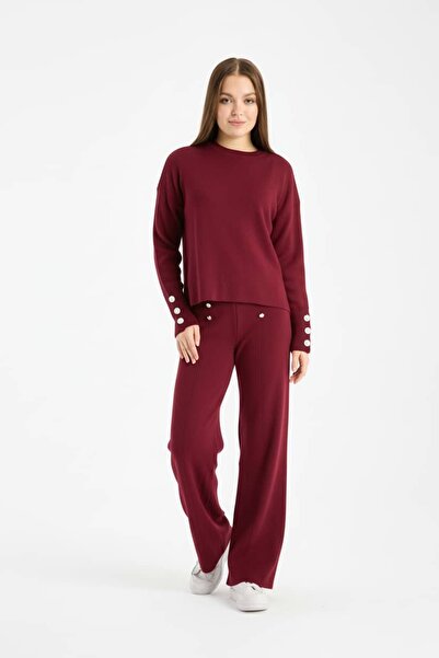 Denivy Soft Textured Stone Detailed Knitwear Double Set