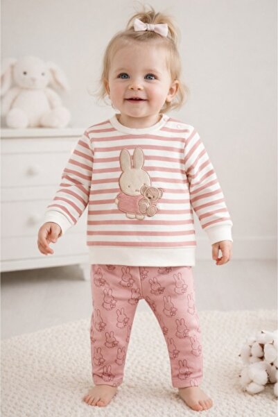 Pure Boutique Set bebe fetita 2 piese roz cu iepuras bluza maneca lunga panta...