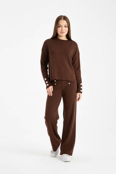 Denivy Soft Textured Stone Detailed Knitwear Double Set