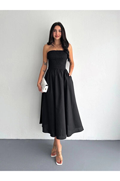 trovexa فستان مطوي بدون حمالات - أسود