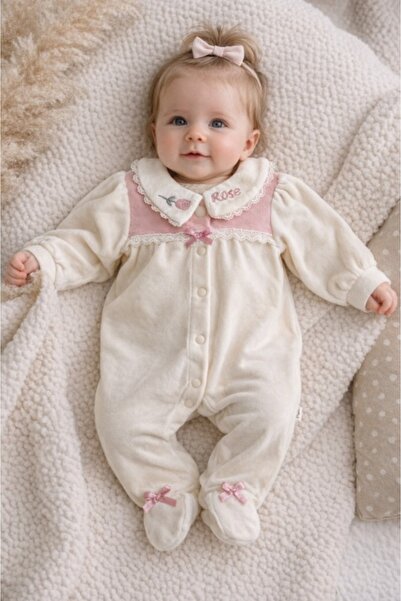 Pure Boutique Baby girl's cream velvet jumpsuit with embroidered collar, long...