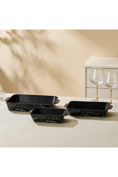 Malooki Set of 3 Rectangular Porcelain Baking Trays - Marbled Black