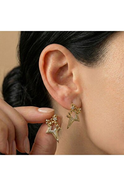 Steel Earrings Gold Color Star Stone Detailed Women's Earrings