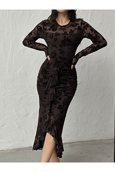 BLACKPERA İthal Kadife Baskılı Bisiklet Yaka İçi Astarlı Fırfırlı Gül Motifli...