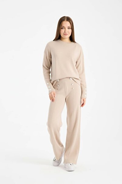 Denivy Soft Textured Stone Detailed Knitwear Double Set