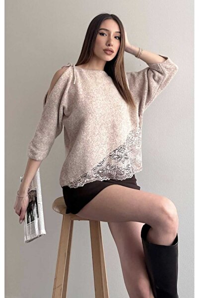 yeditepe fashion Soft Textured Lace Asymmetrical Combined Lace Knitwear Top