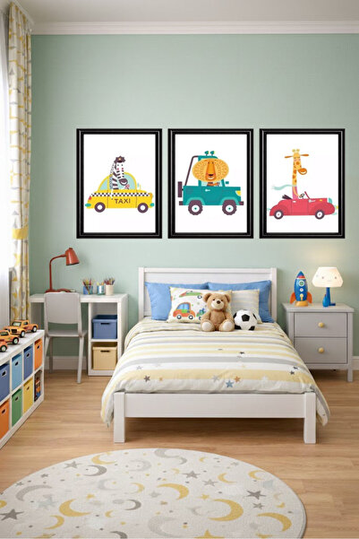 Aura Mia Store Kids Room Wall Art with Animals and Vehicles – 3 Piece Set wit...
