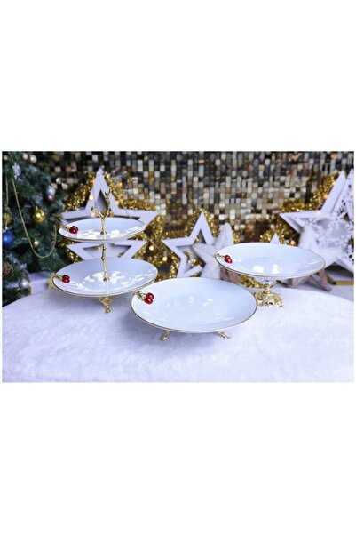 ÇNR Home Collection 3 PARÇA METAL AYAKLI PORSELEN PASTA SUNUMLUK KURABİYELİK ...