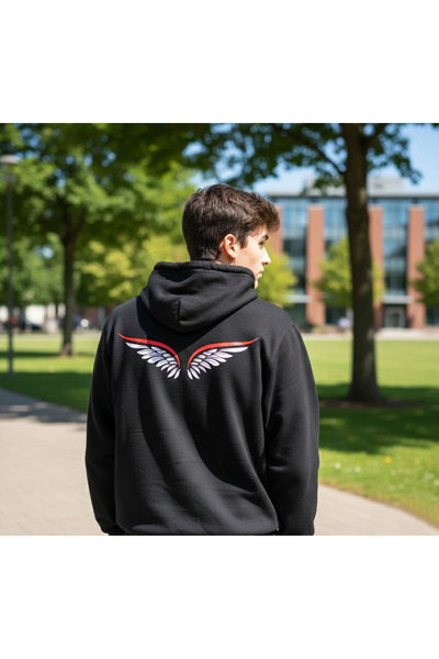 Eritqaa Unisex Black Hooded Sweatshirt - Standard Fit Hoodie with Back Wing P...