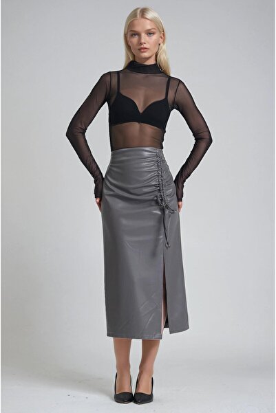 Lijuri Lace-up draped gray leather look midi skirt 4083