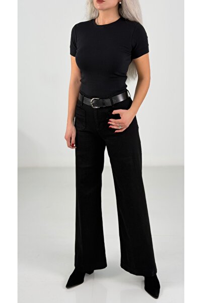KAROL Siyah Yüksek Bel Likralı Geniş Paça Jean