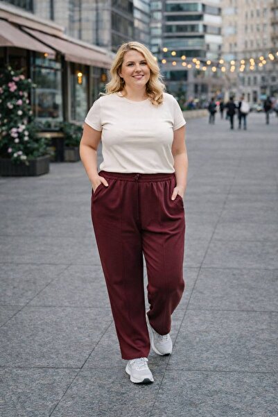 PASTEL BUTİK Ribbed Detailed Flexible Plus Size Women's Modal Pants