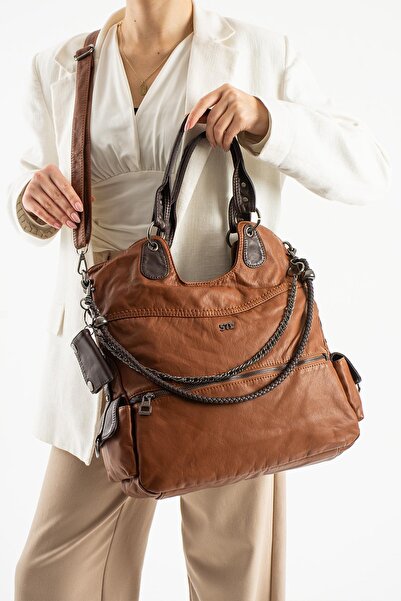 571 Collections Çanta حقيبة كتف من الجلد المغسول باللون البني