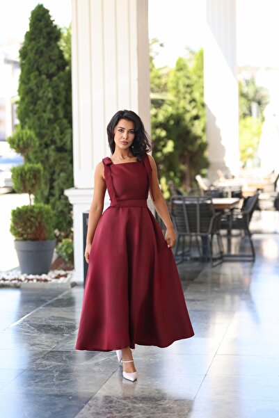 KADIN BORDO KARE YAKA OMUZ DETAYLI LENA ABİYE