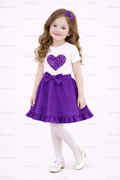 Nacar Kız Çocuk 23 Nisan 29 Ekim Kalpli Tshirt&Kloş Double Etek 2'li Alt-Üst ...