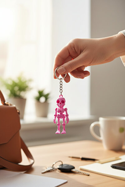 Pazarois Gülümseyen İskelet Figürlü Hareketli Anahtarlık Pembe