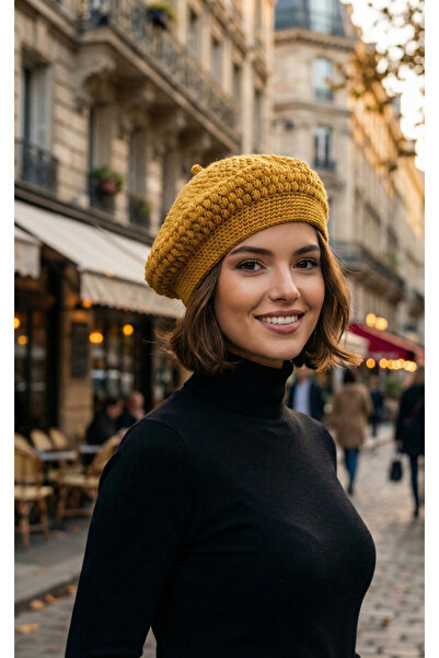 My Scialle Sevgililer Günü Özel Hardal Sarısı Fransız Ressam Bere %100 El Örgüsü