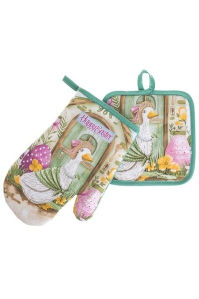 SHOPIENS Set Oven Mitt and Kitchen Towel Easter Goose Happy Easter 2 pcs Cott...