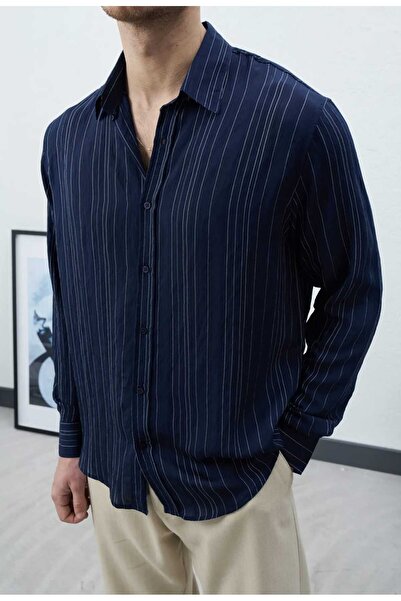 Wonraces Men's Navy Blue Oversize Relaxed Fit Textured Line Patterned Premium...