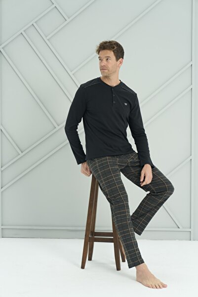 HS İÇ GİYİM Men's Long Sleeve Zero Collar Buttoned Checked Pajama Set