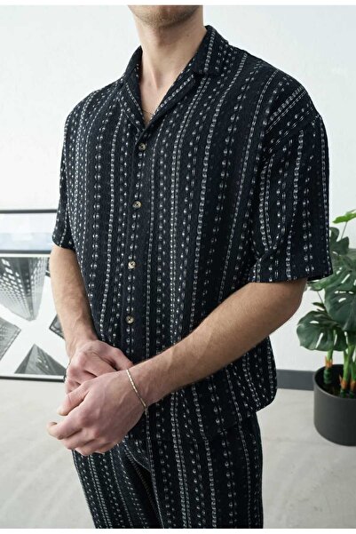 Wonraces Men's Black Oversize Relaxed Fit Summer Textured Patterned Cotton Shirt