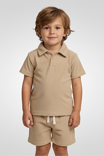 Freestyle Toddlers Boy 2 Pieces Textured Polo Shirt And Shorts Set, Beige