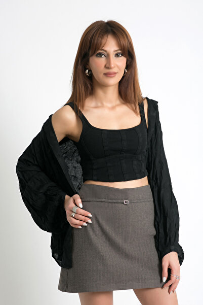 sevindi KADIN MİNİ ŞORT ETEK - TOKALI KUŞAKLI ,YANDAN FERMUARLI , İÇTEN ŞORTL...