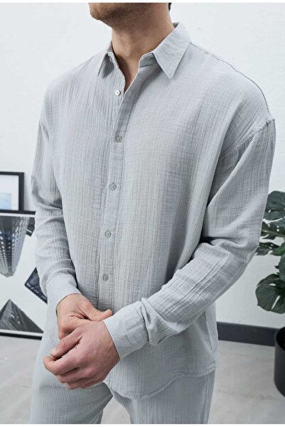 Wonraces Men's Gray Oversize Relaxed Fit Premium Summer Textured Long Sleeve ...