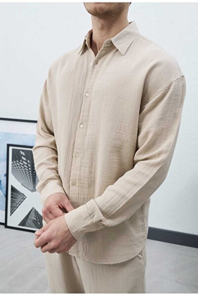 Wonraces Men's Beige Oversize Relaxed Fit Premium Summer Textured Long Sleeve...