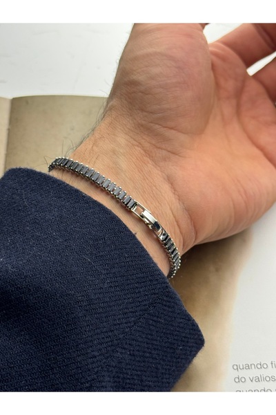 roshel سوار من الفولاذ بحجر الزركون الأسود / سلسلة Vip باللون الفضي يتم إرسال...