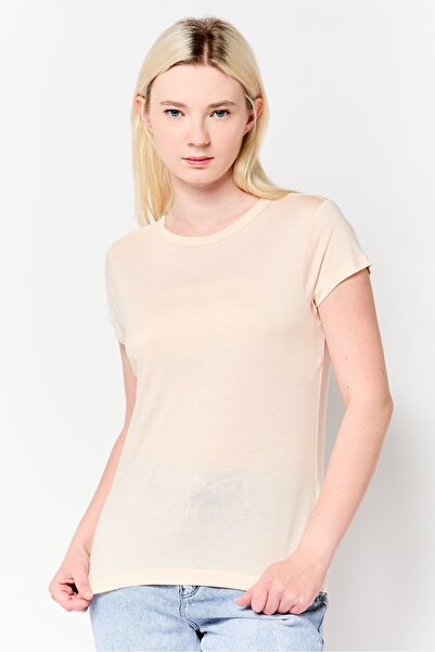 Diesel Women Round Neck Short Sleeves Plain T-Shirt, Peach