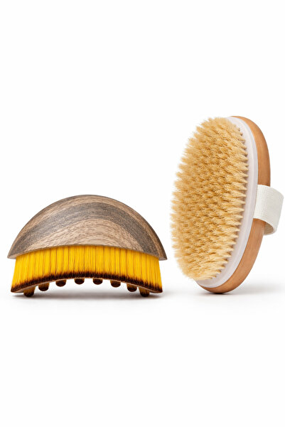 Busstier 2'li Set Ahşap Görünümlü Lenf Drenaj Yüz Fırçası + Doğal At Kılı Sel...
