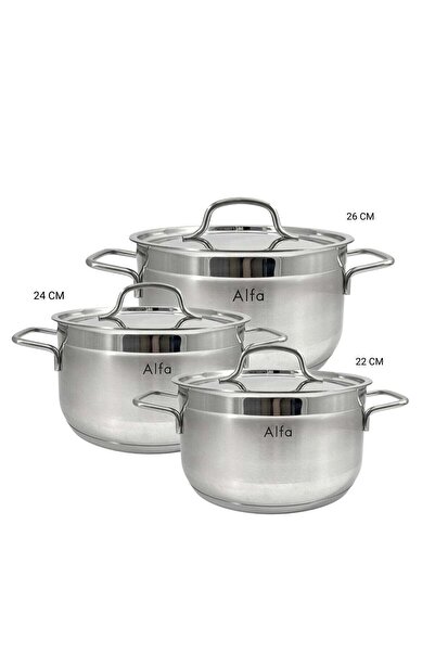 Alfa Cookware Set 6 Pieces Stainless Steel (22+24+26 cm) - Durable and Stylis...