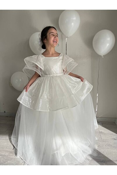 Sare Çocuk Giyim Kız Çocuk Beyaz Işıltılı Kuyruklu Tören ve Düğün Elbisesi, S...