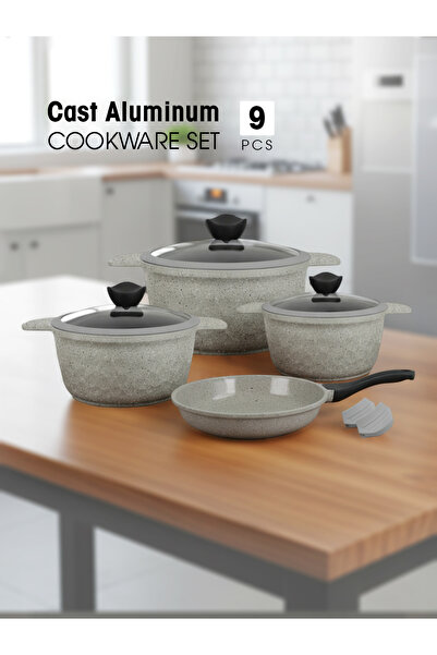 Living 9-Piece Granite Coated Aluminum Cookware Set, Non-Stick, Glass Lids wi...