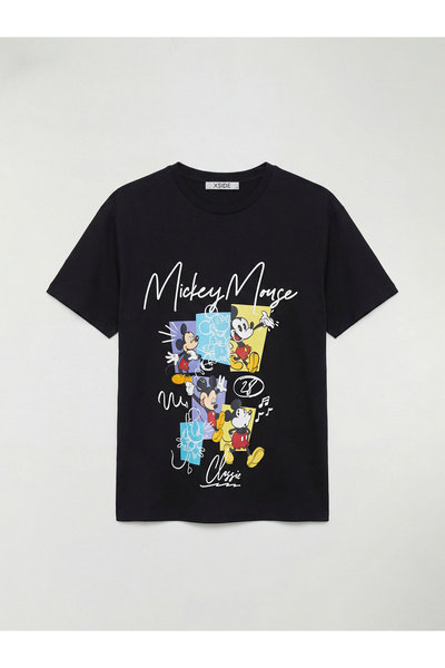 LC Waikiki Μαύρο γυναικείο μπλουζάκι με λαιμόκοψη Mickey Mouse με τύπωμα