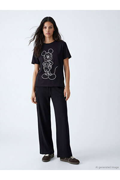 LC Waikiki Black Crew Neck Mickey Mouse Printed Women's T-Shirt