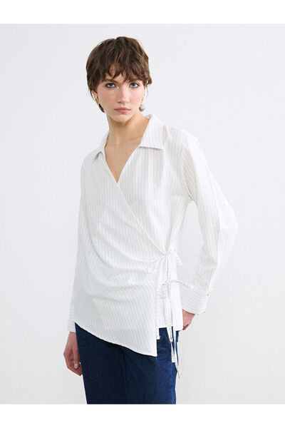 LC Waikiki White Double-Breasted Women's Shirt with Tie Detail