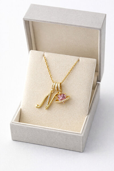 Lanuna N Harfli Gold Taşlı Gezegen Figürlü Kolye